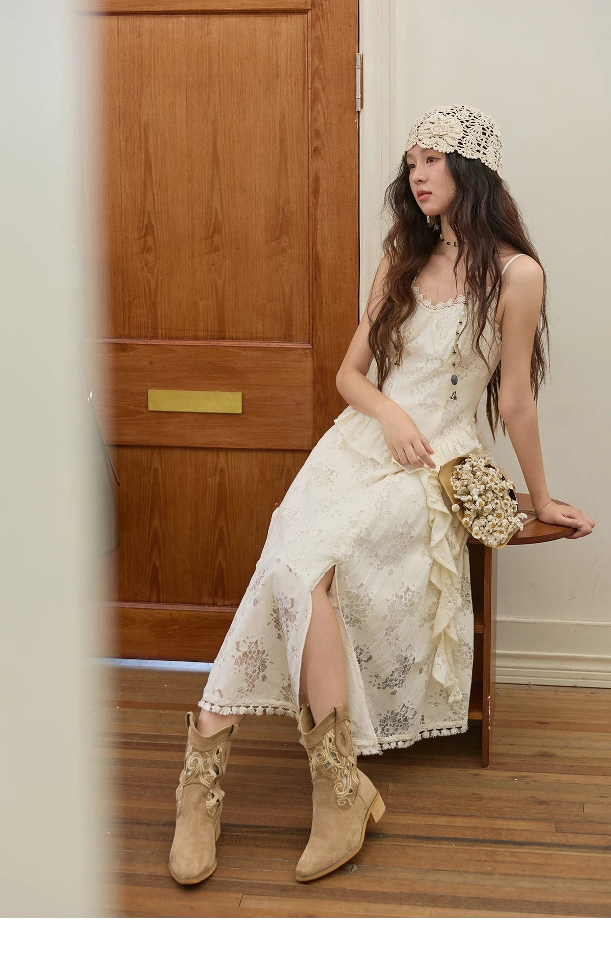 MISHOW Bohemian Apricot Lace Camisole Inner Dress Autumn Irregular Ruffle Tassel Hem Dresses Front Side Fork Dress MXE43L2449