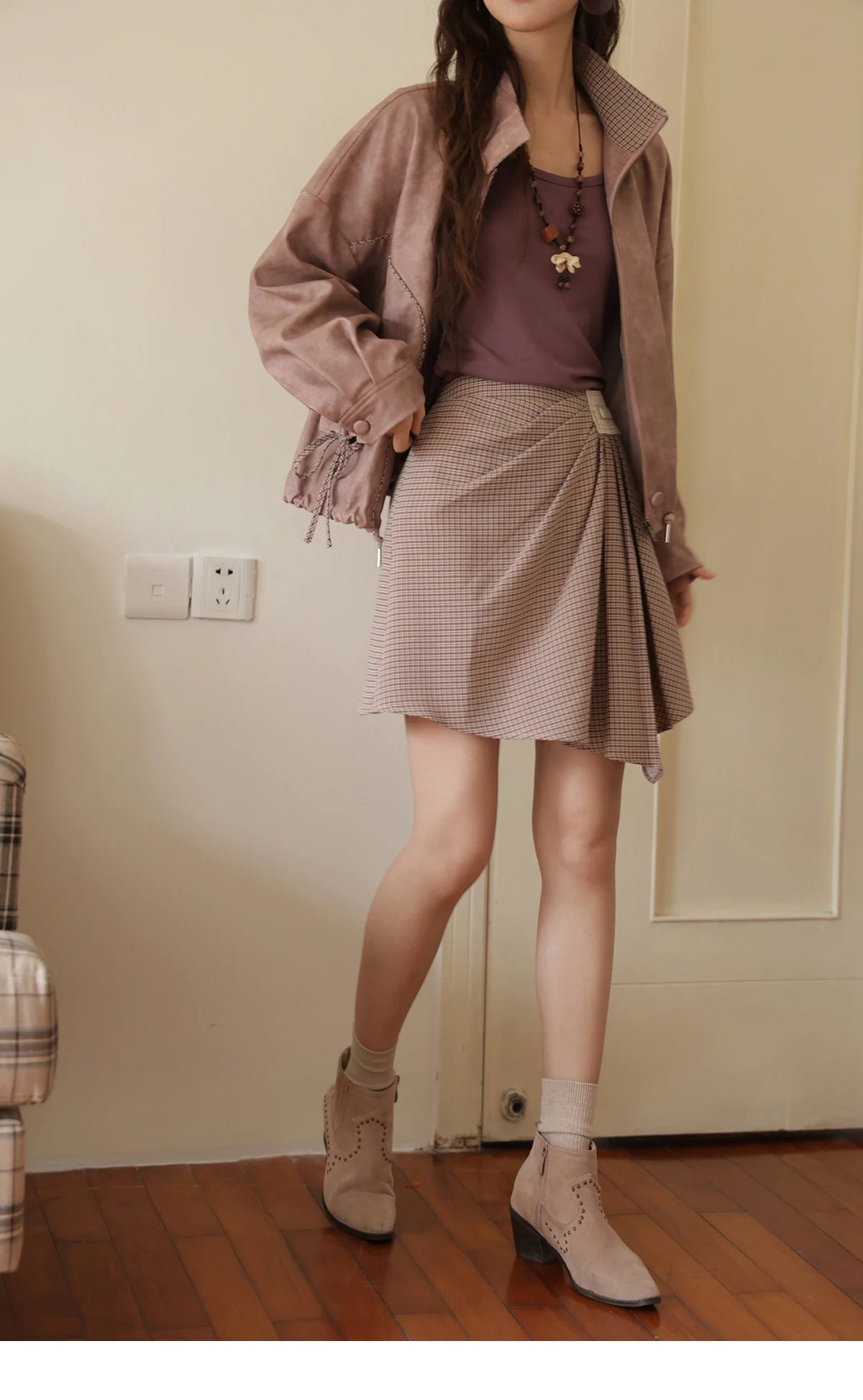 MISHOW Purple Plaid Short Skirt for Women Autumn 2025 Asymmetrical Patch Skirts Back Elastic Waist A-line Short Skirt MXE45B2411