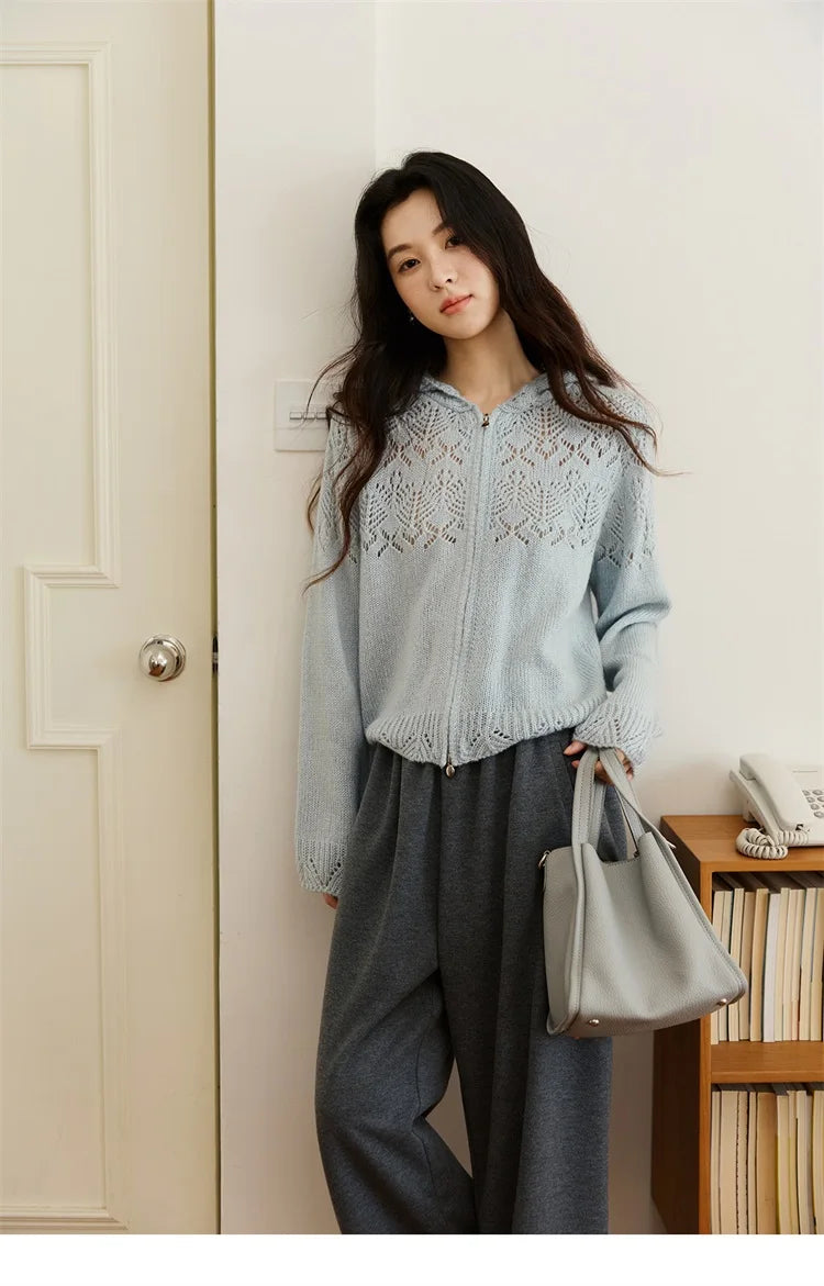 MISHOW Women's Autumn Cardigan 2025 New Loose Blue Hollow Knitted Cardigan Commute Hooded Short Zipper Sweater MXE46Z2584