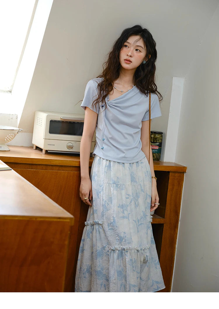 MISHOW Two Piece Set Women's Fashion Lace Up Top 2025 Summer New Casual Print Wide Leg Half Skirt Set Ladies Clothing MXE35T0596