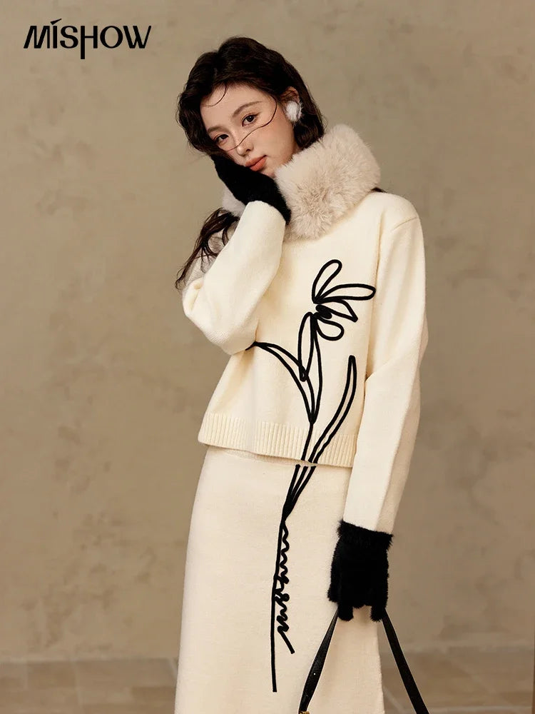 MISHOW French Skirt Sets Embroidery Spliced Contrast Color Two Piece Sets Women High Waist Midi Skirt Knitted Tops MXD57T0463