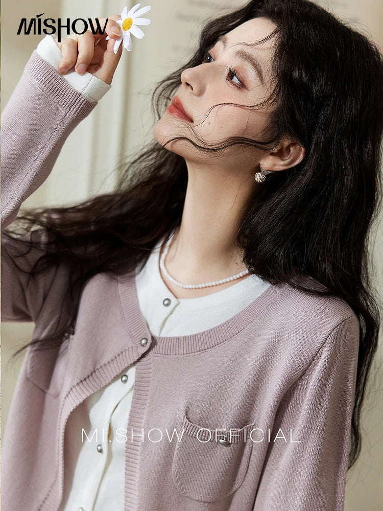 MISHOW Wool Knitted Cardigan Fake Two-piece Contrasting 2025 Spring Women Slim Fit Top O Neck Patch Pocket Sweaters MXE12Z1144