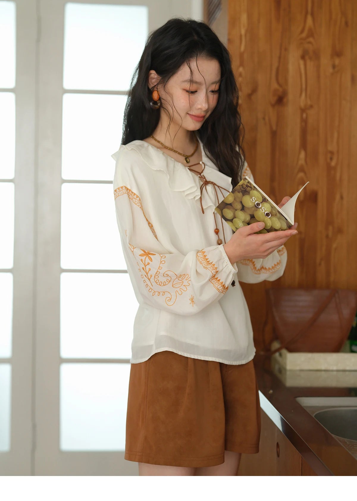 MISHOW Cashew Flower Embroidered Blouse Autumn 2025 Ruffle V-neck Lace Up Tops 100 Lyocell Lantern Sleeves Blouses MXE43X1987