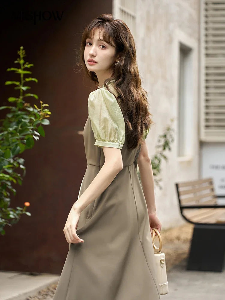 MISHOW Chinese Style Dress for Women 2023 Summer Waist Puff Sleeve Patchwork Fake Two Pieces French Slim Long DressES MXC35L1354