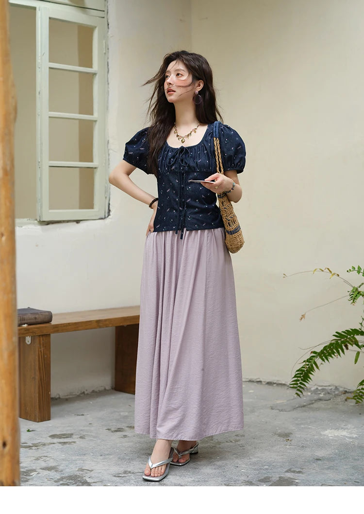 MISHOW Fashion Puff Sleeve Square Neck Blouse for Women 2025 Summer Lace Up Button Print Denim Top Women's Clothing MXE39X1933