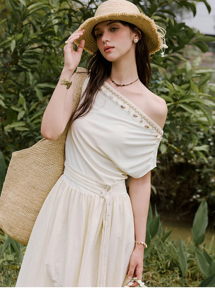 MISHOW Holiday Summer Dresses Women 2025 New Short Sleeve Shell Webbing Oblique Collar Slim Midi Dress Female Fashion MXE31L2189