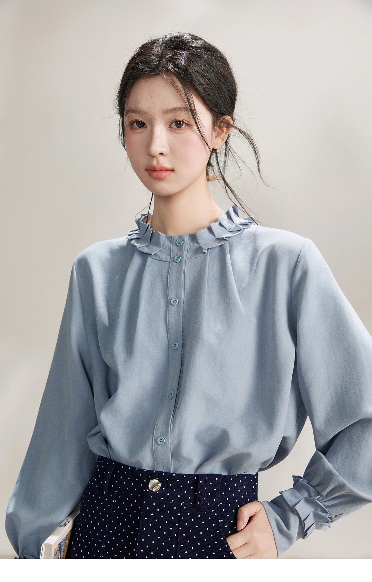 MISHOW Women's Peach Skin Solid Shirt 2026 Spring Ruffled Crew Neck Single-breasted Tops Casual Long Sleeve Shirts MXF11C2431