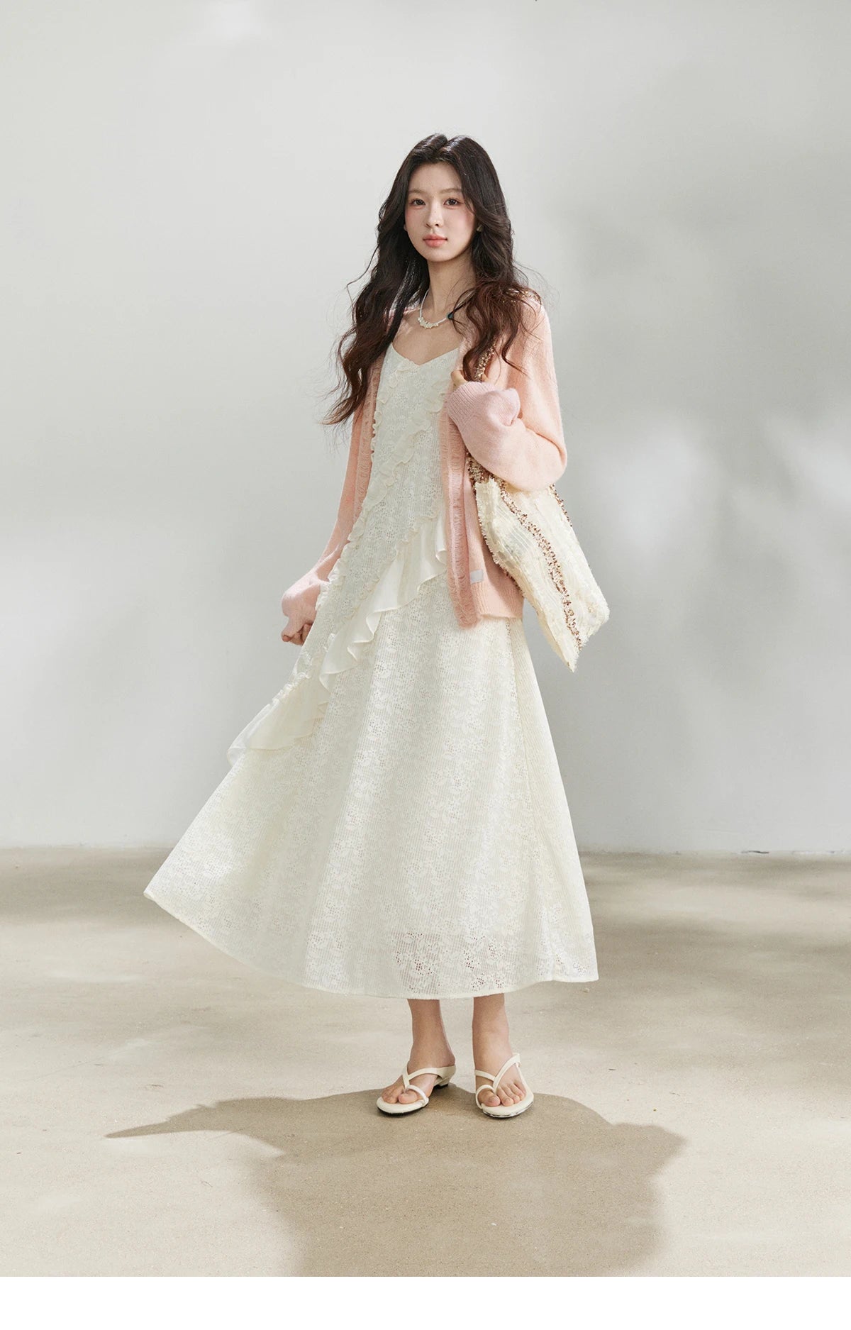 MISHOW Women's Cream Irregular Lace Slip Dress 2026 Spring V-Neck Ruffled Maxi Dresses Casual A-line Romantic Dress MXF108L1005