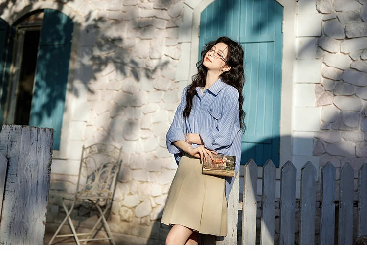 MISHOW Blue Striped Shirt for Women 2025 Spring Versatile Office Lady Tops Pocket Turn-down Collar Long-Sleeve Shirts MXE11C0399