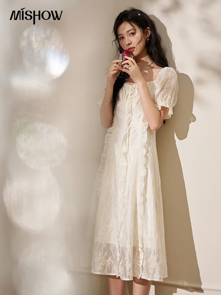 MISHOW Square Neck Vertical Stripe Ruffle Edge Dress 2025 Summer Tea Break French Bubble Sleeve Vacation Long Dresses MXD27L1808