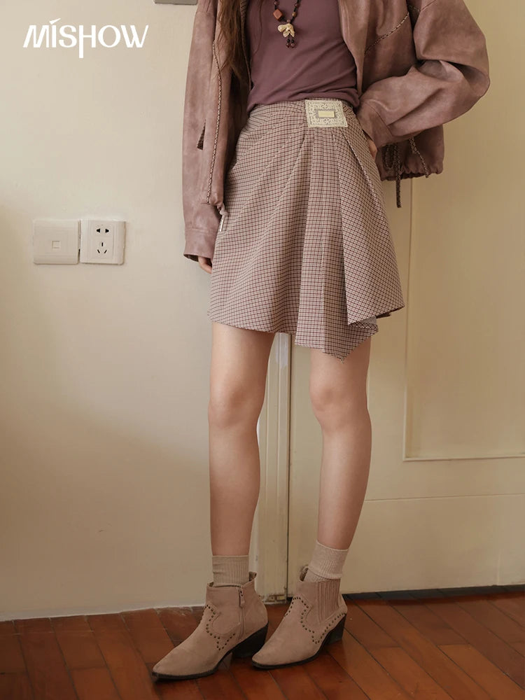 MISHOW Purple Plaid Short Skirt for Women Autumn 2025 Asymmetrical Patch Skirts Back Elastic Waist A-line Short Skirt MXE45B2411