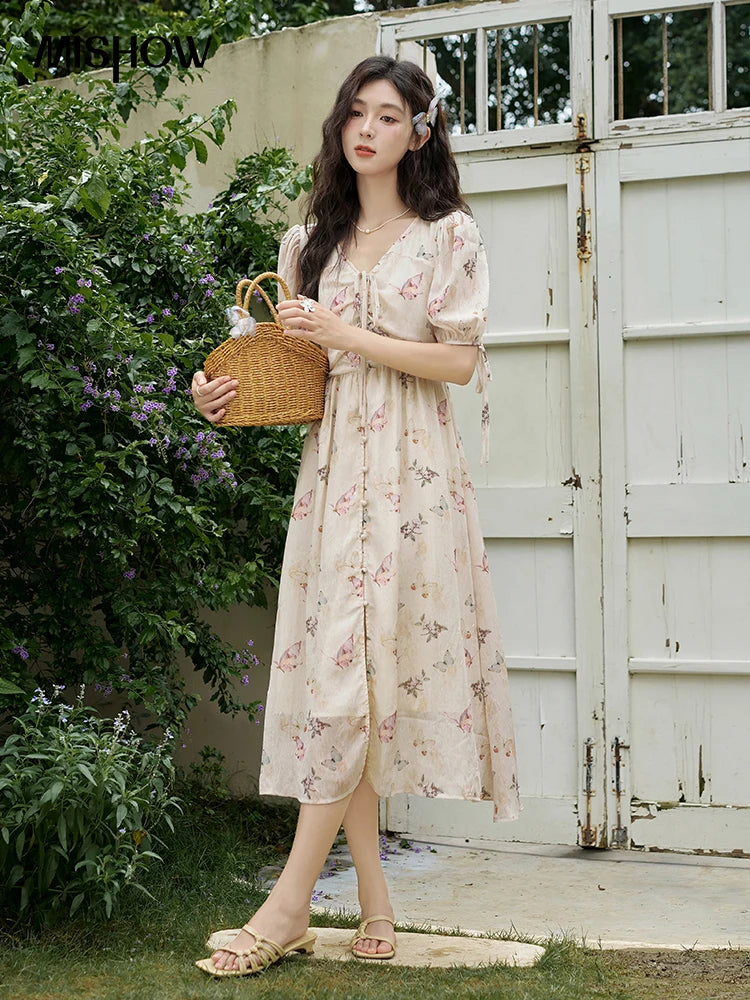 MISHOW Butterfly Printing Dress for Women 2025 Summer Luxury Elegant V-neck Lace-up Bubble Sleeves Slim Long Dress MXD15L1778