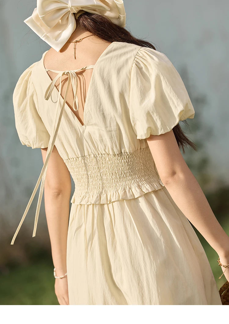 MISHOW French Summer Dresses Women 2025 New Short Puff Sleeve V-neck Solid Cotton Blended Dress Female Slimming MXE34L2288