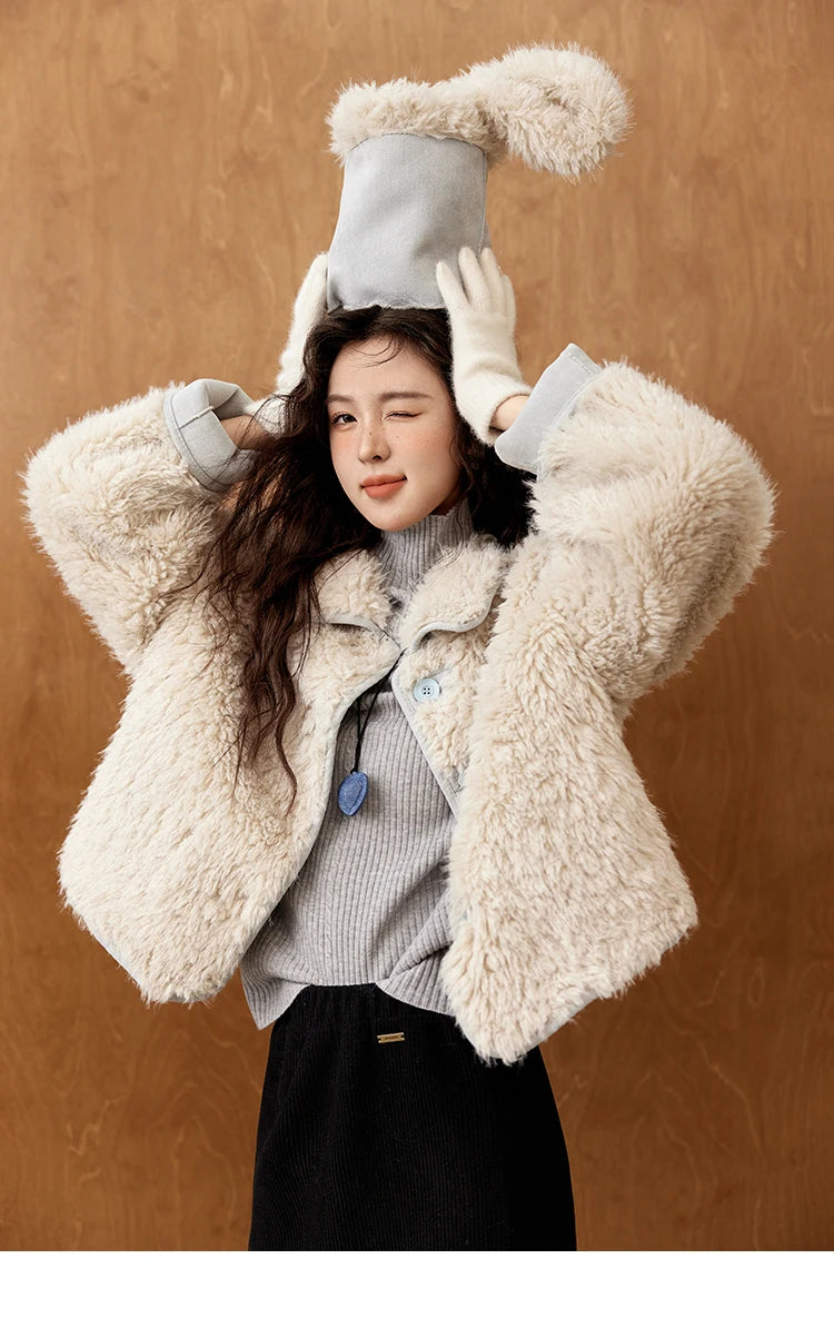 MISHOW Lamb Wool Jacket Women Suede Plush Thick Coat Spliced Turn-Down Collar Sweet Soft Senior Jacket Office Lady MXD59W0753