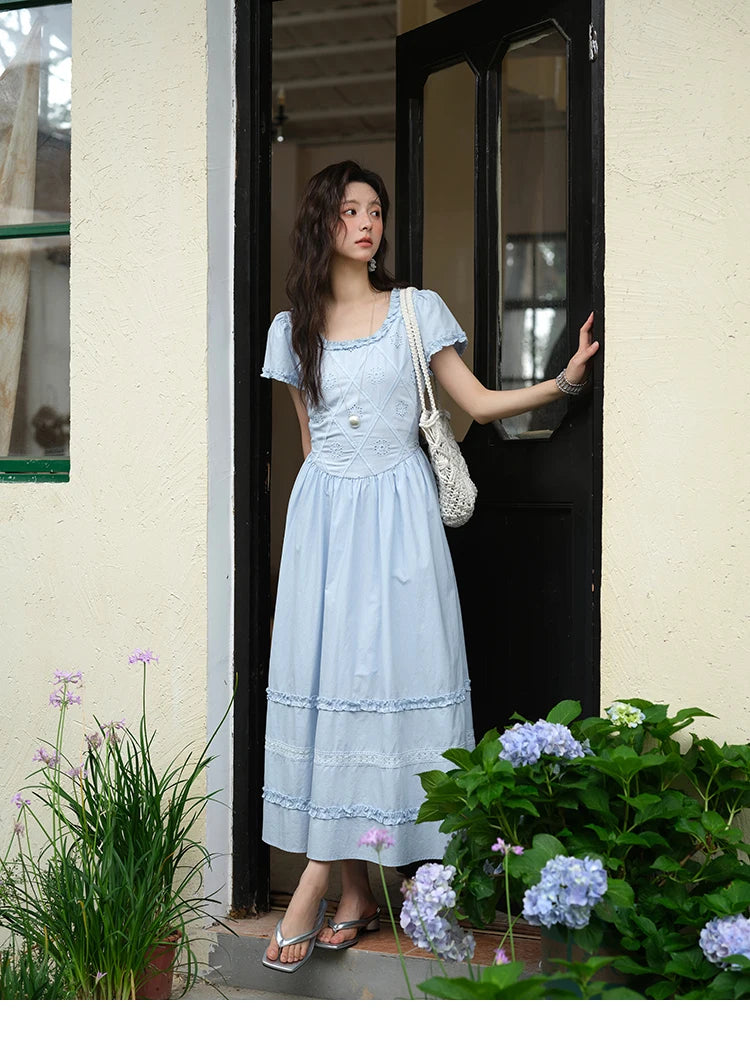 Mishow Blue Lace Mushroom Edge Puff Sleeve Dress MXE38L2348
