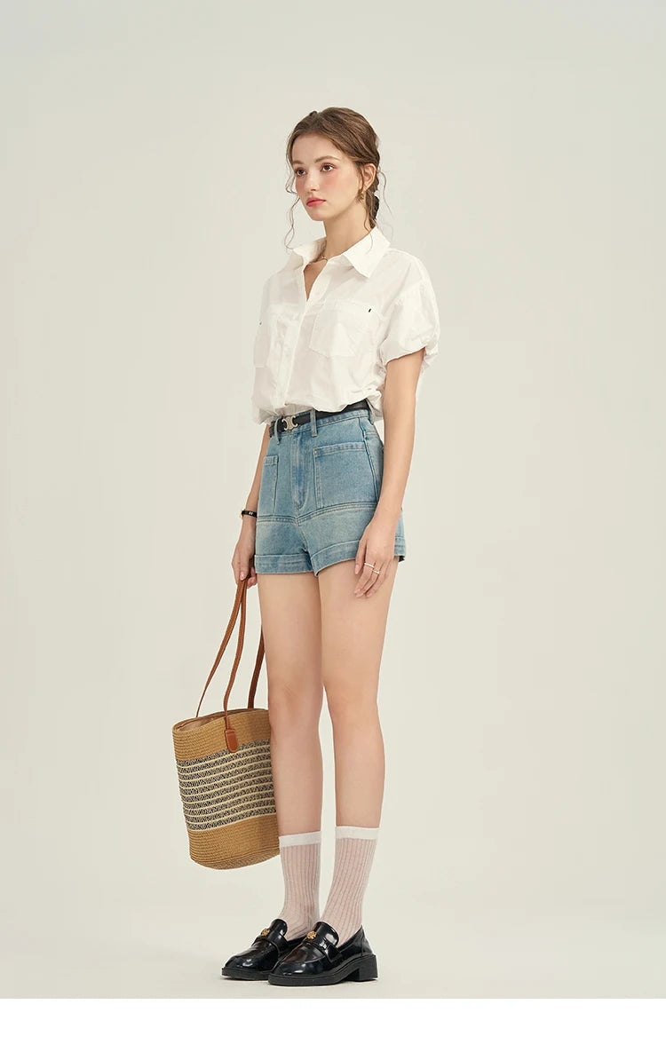 MISHOW Women's Denim Blue Shorts 2025 Summer Korean High Waist Pockets Shorts Female Straight Slim Casual Short Pants MPD26K0618