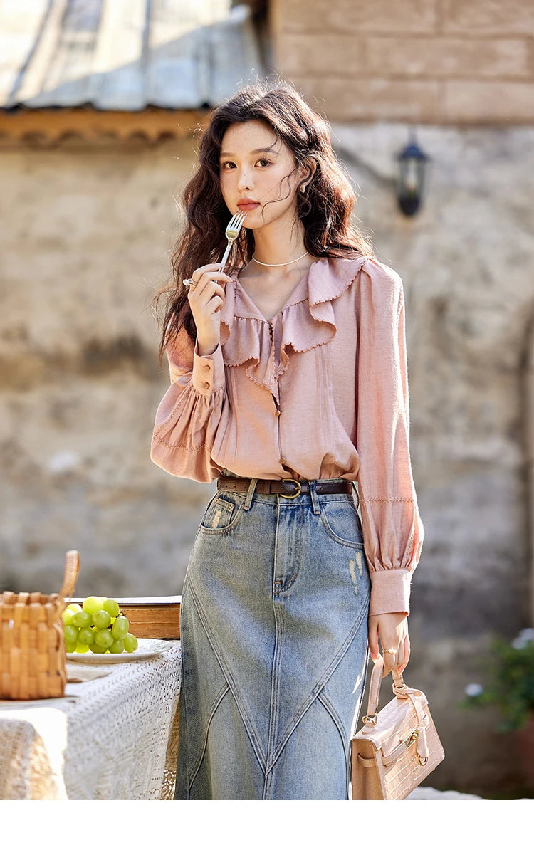MISHOW Lotus Leaf Collar Shirt Bubble Sleeves Pink Shirt for Women Spring 2025 Sweet Chiffon Top Temperament Shirts MXE12X1702