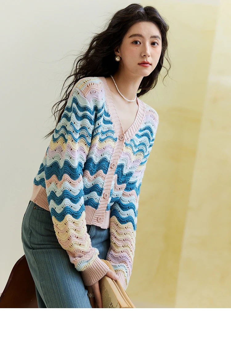 MISHOW Color Stripe Knitted Cardigan Women 2025 Spring V-neck Long Sleeve Loose Cardigans Woman Fashion Office Lady MXE16Z1203
