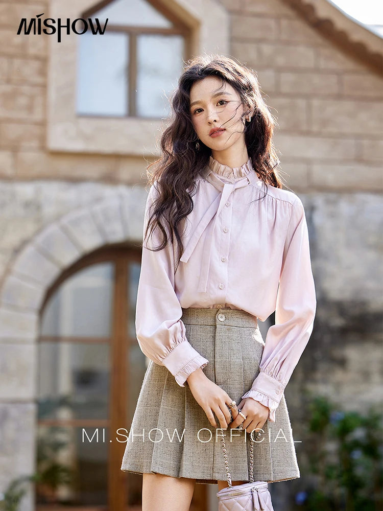 MISHOW French Ribbon Stringy Selvedge Neck Shirt for Women Spring 2025 Slim 100 Lyocell Shirts Solid Commuter Tops MXE13C0383