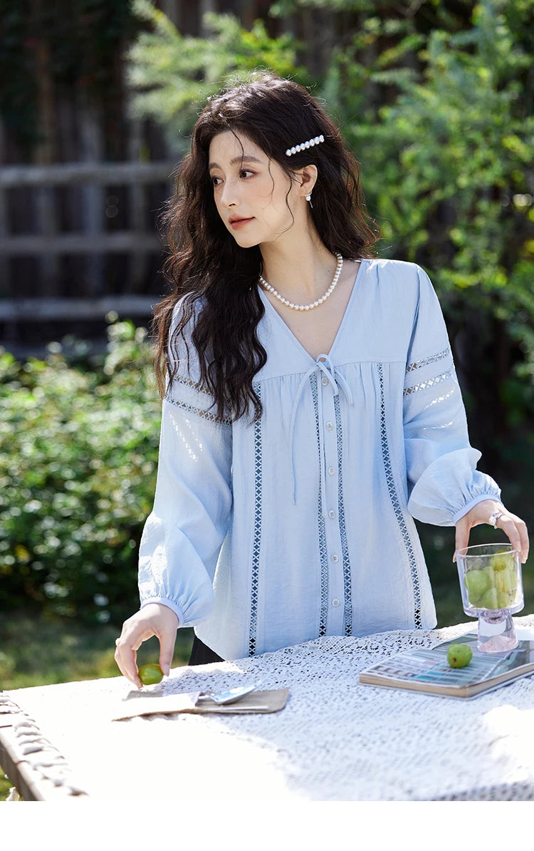 MISHOW French Sweet Loose Blue Shirt for Women 2025 Spring Summer V-neck Lace-up Hollow Doll Shirt Lantern Sleeve Top MXE12C0411