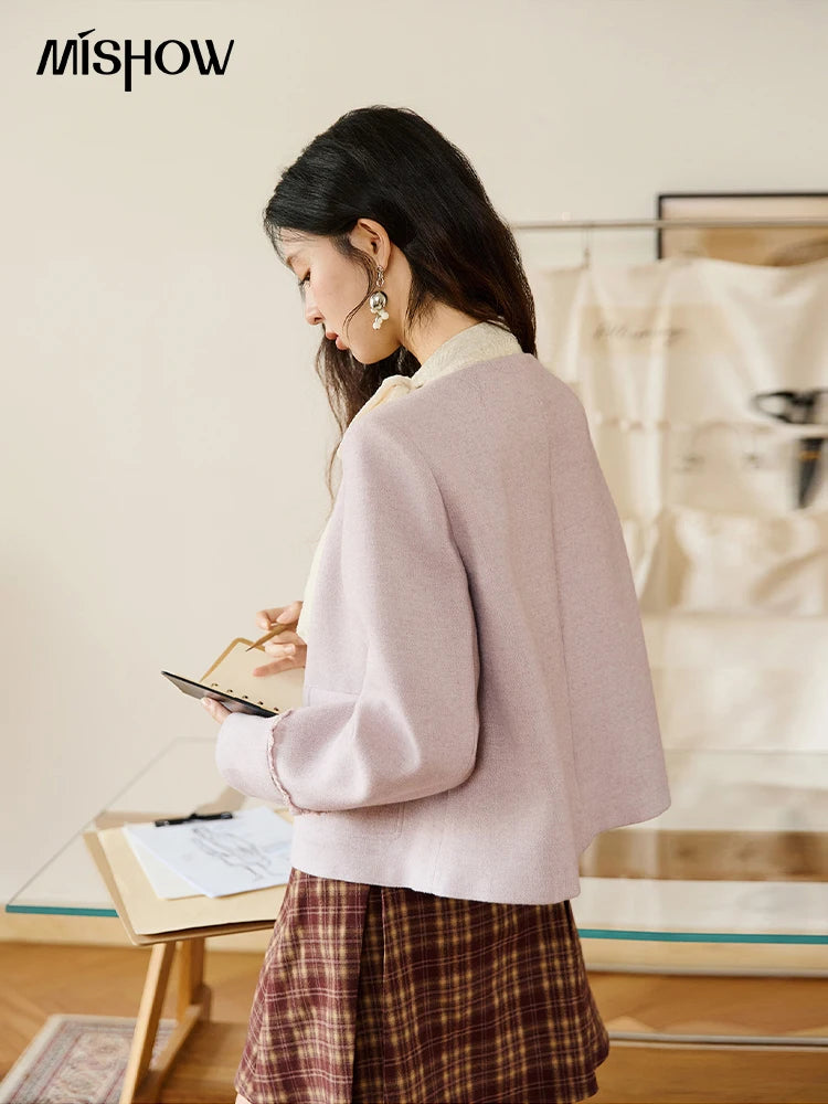 MISHOW Purple Woolen Coat for Women Autumn 2025 Slanted Placket Splicing Lace Coats Shoulder Pads Retro Short Jackets MXE47W0840