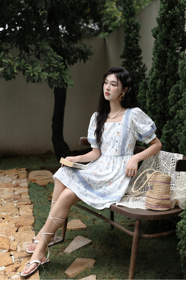 MISHOW Ink Wash Printed Fabric Dress for Women 2025 Summer French Oil Painting Square Neck Splicing Lace Doll Dresses MXD29L1932