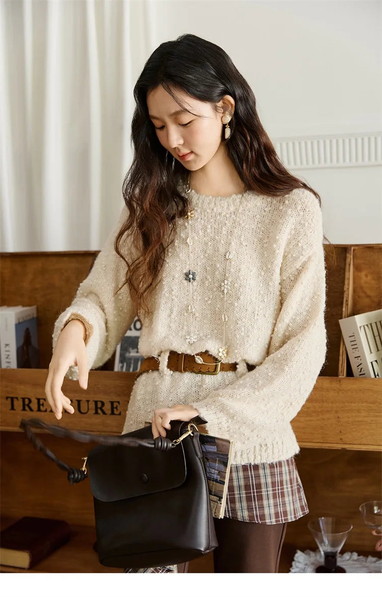 MISHOW Sweater Woman Wool 2025 Autumn New Belt Waist Design Drop Shoulder Sleeves Knit Top Commute Pullover Women MXE46Z2582