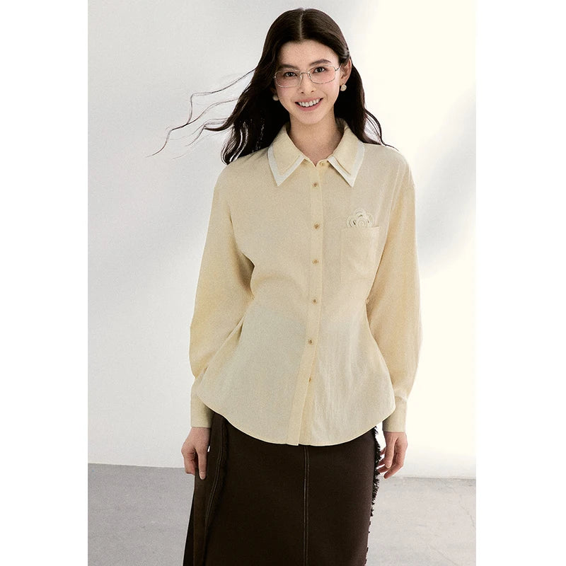 MISHOW Women's Contrast Trim Lapel Collar Shirts 2026 Spring Floral Embroidery Pocket Decor Button Waist Casual Shirt MXF13C2440