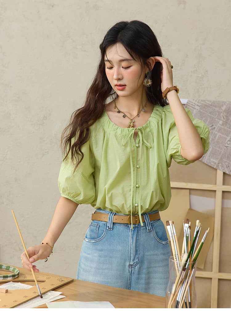 MISHOW Women's Round Neck Blouse 2025 Summer New Fashion Lace Up Puff Sleeve Casual Chiffon Top Ladies Clothing MXE36X1875