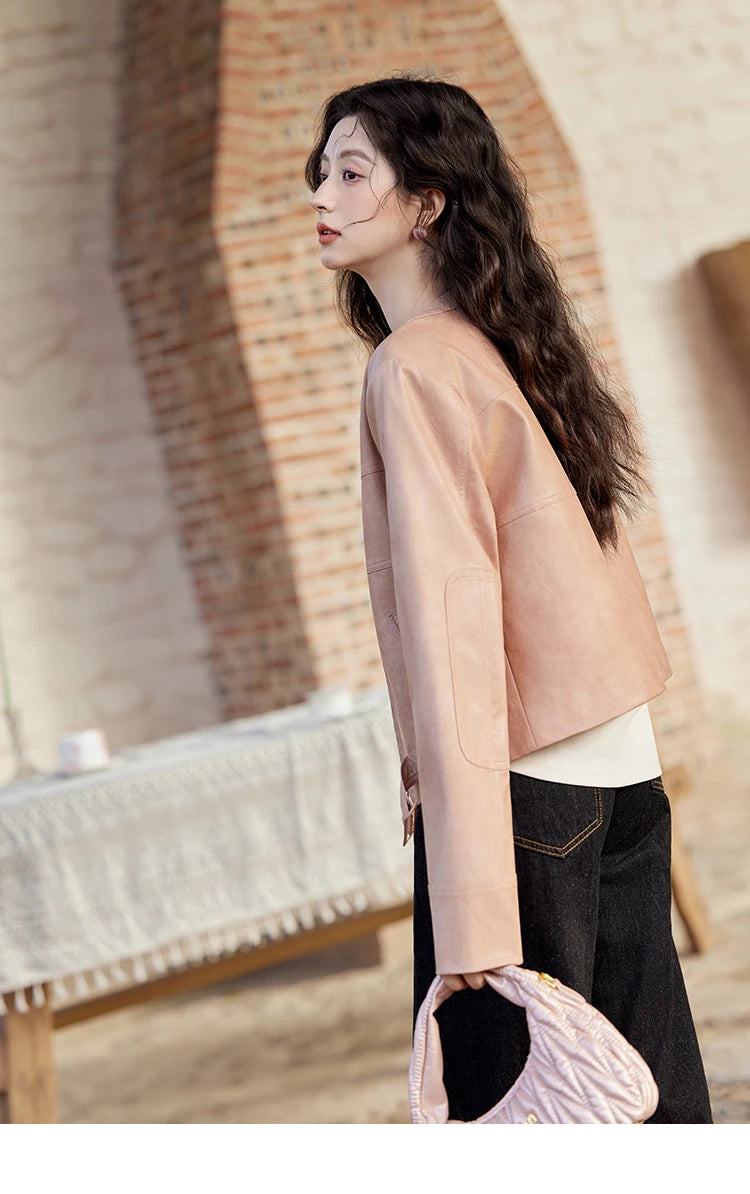 MISHOW Fashion Pink Leather Jacket Women's Spring 2025 New Shoulder Long Sleeved Slim Fit Leisure Tops Coat Female MXE11W0714