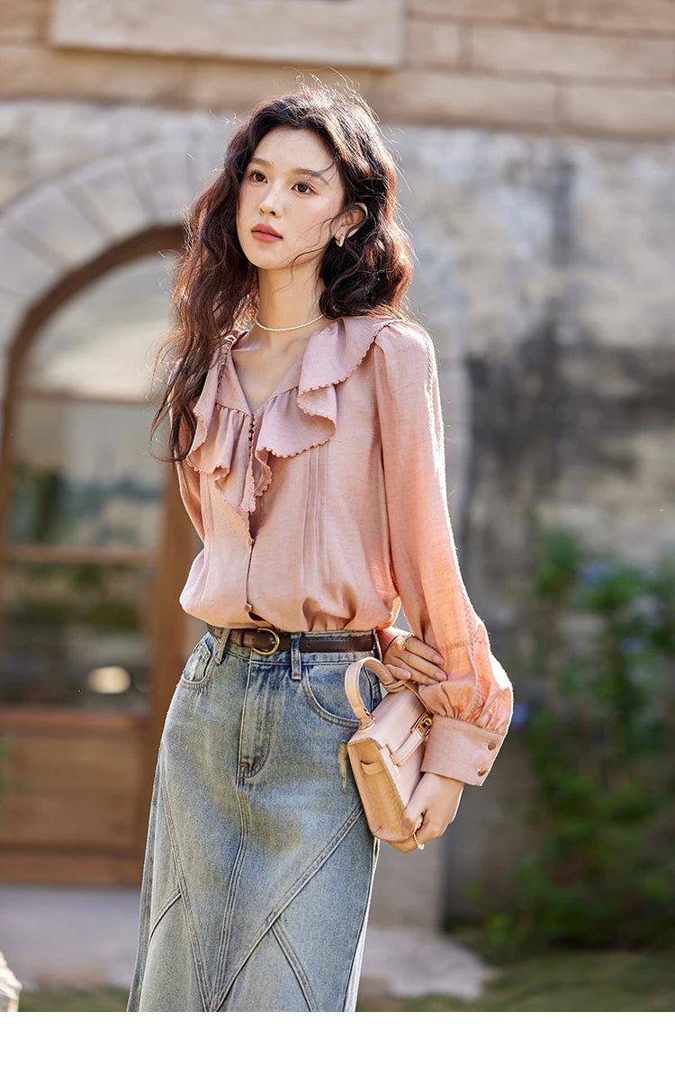 MISHOW Lotus Leaf Collar Shirt Bubble Sleeves Pink Shirt for Women Spring 2025 Sweet Chiffon Top Temperament Shirts MXE12X1702