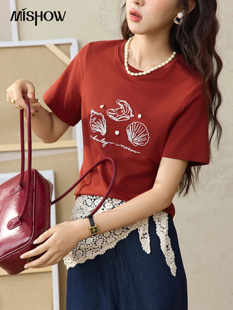 MISHOW Women's Shell Embroidered T-shirt 2025 Summer Short Sleeve Cotton Blend Tops Loose Slim Round Neck Casual Tees MXE34T0570