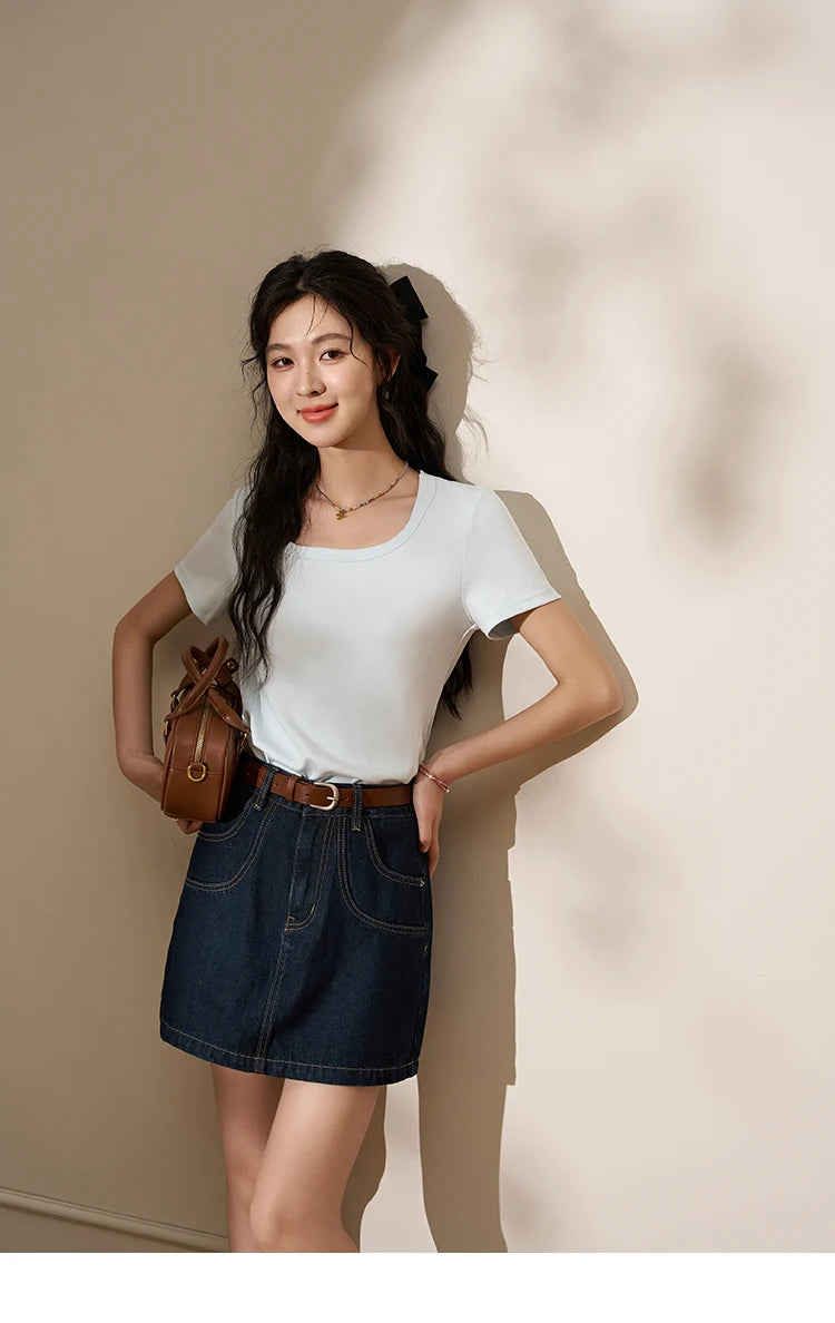 MISHOW Short Sleeve T-shirts Women Spring Solid Square-neck Top Elegant Woman Clothes Office Lady Cotton Tees MXC12T0641