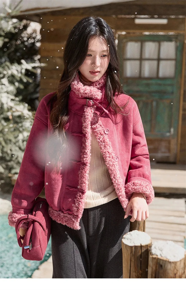 MISHOW Women's Dragon Fruit Red Suede Patchwork Coat 2025 Winter Color Block Stand Collar Thickened Short Outerwear MXE87W0942