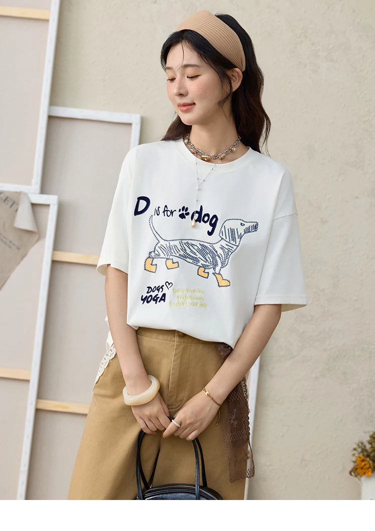 MISHOW Print Summer T-shirts Women 2025 Short Sleeve Round Neck Flocked Puppy Loose Shirt Female Casual Versatile Top MXE33T0542