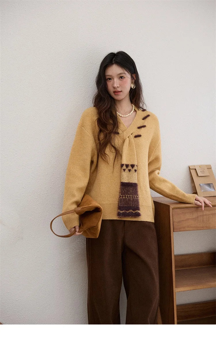 MISHOW Women V-neck Knit Top 2025 French-style Elegant Workwear Long-sleeved Yellow Pullover Women's Winter Clothing MXE87Z2771