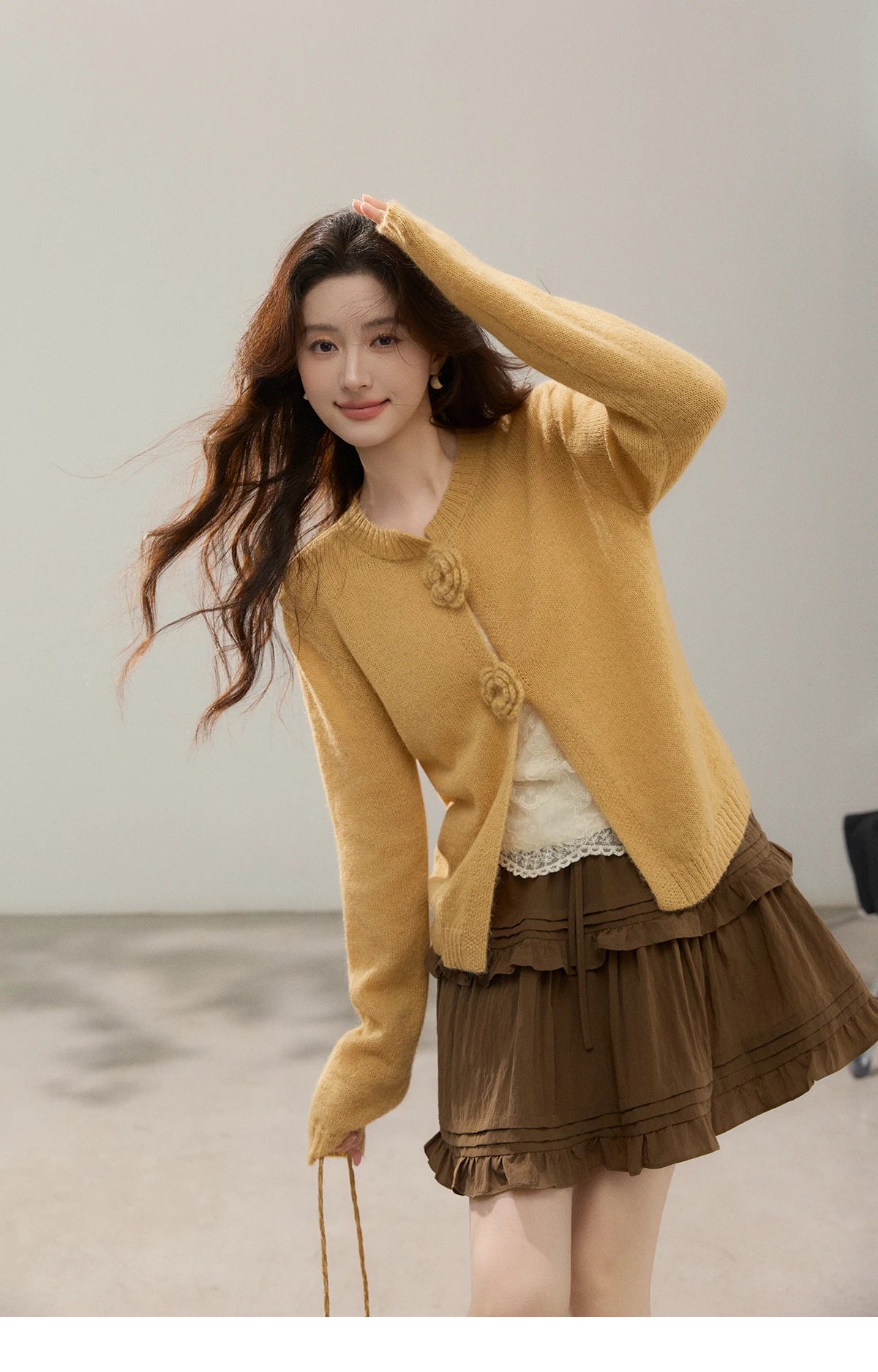 MISHOW Women's Flower Decor Mohair Fork Knit Cardigan 2026 Spring Crew Neck Long Sleeve Tops Casual Solid Sweater MXF15Z3051