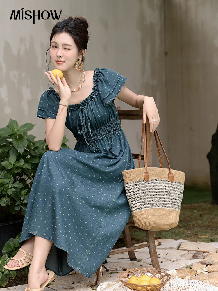 MISHOW Lace Up Flying Sleeve Polka Dot Dress Summer 2024 High Waist Pleated Long Dresses Square Neck Denim Dress MXD30L2022