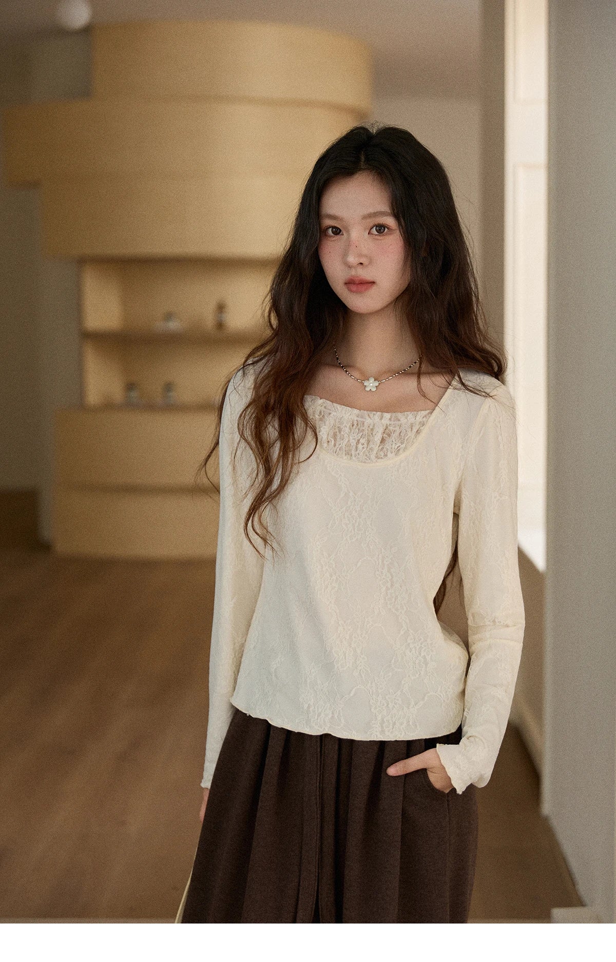 MISHOW Women Long Sleeve Tees 2025 Autumn Winter Elegant Beige Lace Patchwork Top Women Large U-neck Slim Fit Top MXE91X2514