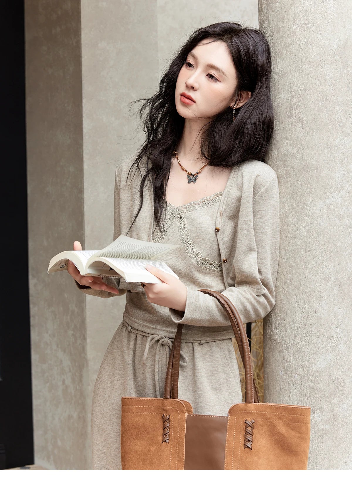 MISHOW French Women Lace Splicing Camisole Cardigan Straight Pants Separately Solid Top Elastic Waisted Pants MXD47T0405