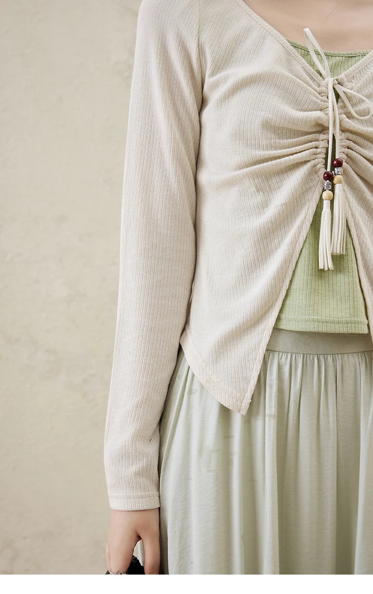 MISHOW Women's Fake Two Patchwork Knitted Spring 2025 Contrast Drawstring Strap Lace-up Tops Retro V-neck Thin Top MXE15Z1185