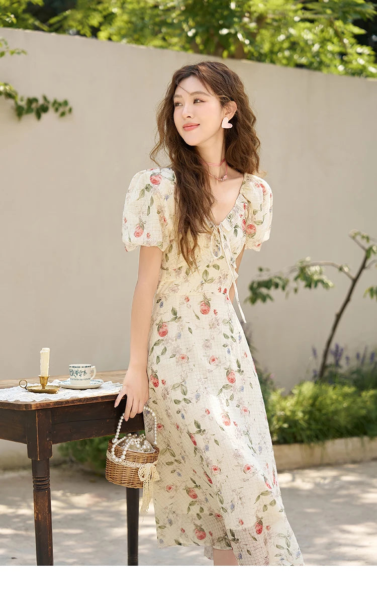 MISHOW Elegant Fairycore Floral Dresses for Women 2023 Summer French A-line Ruffles V-neck Puff Sleeve Sweet Dress MXC33L1465