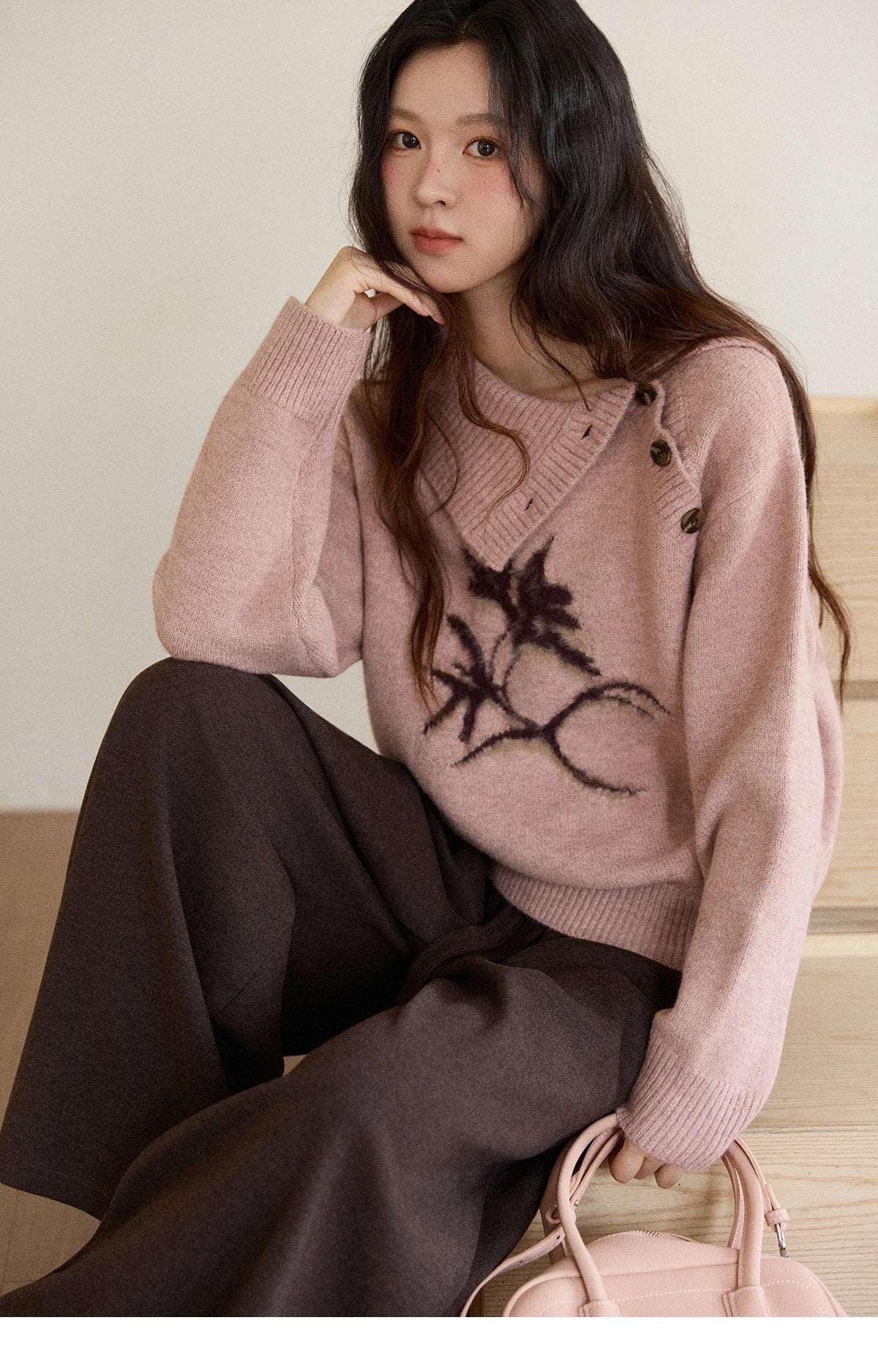 MISHOW Plant Jacquard Sweater for Woman 2025 Winter French Style Casual Turtleneck Design Knitted Pullover Tops Woman MXE86Z2658