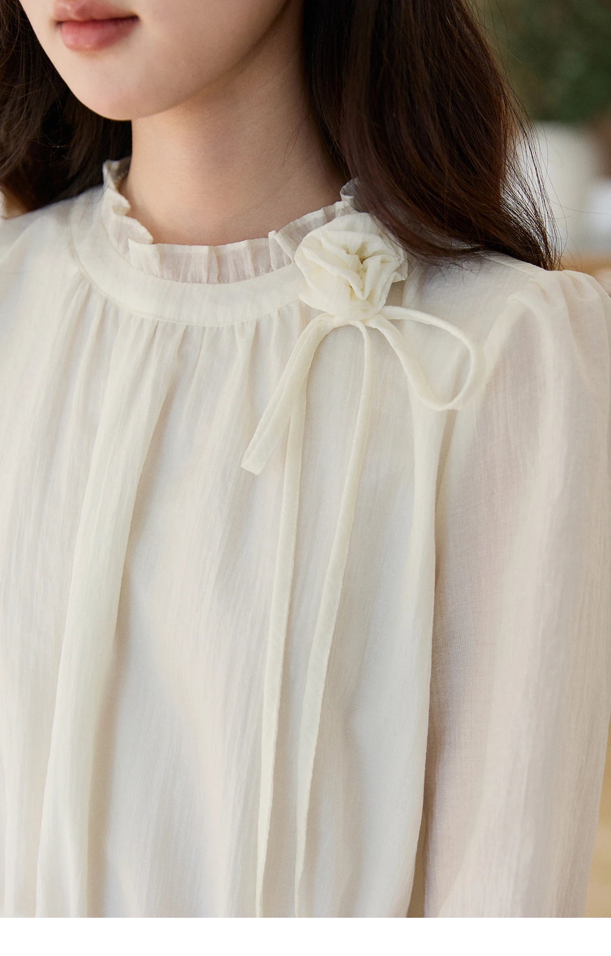 MISHOW Women's Ruffled Stand Collar Blouse 2026 Spring Flower Decor Apricot Blouses Drawstring Waist Puff Sleeve Top MXF11C2428