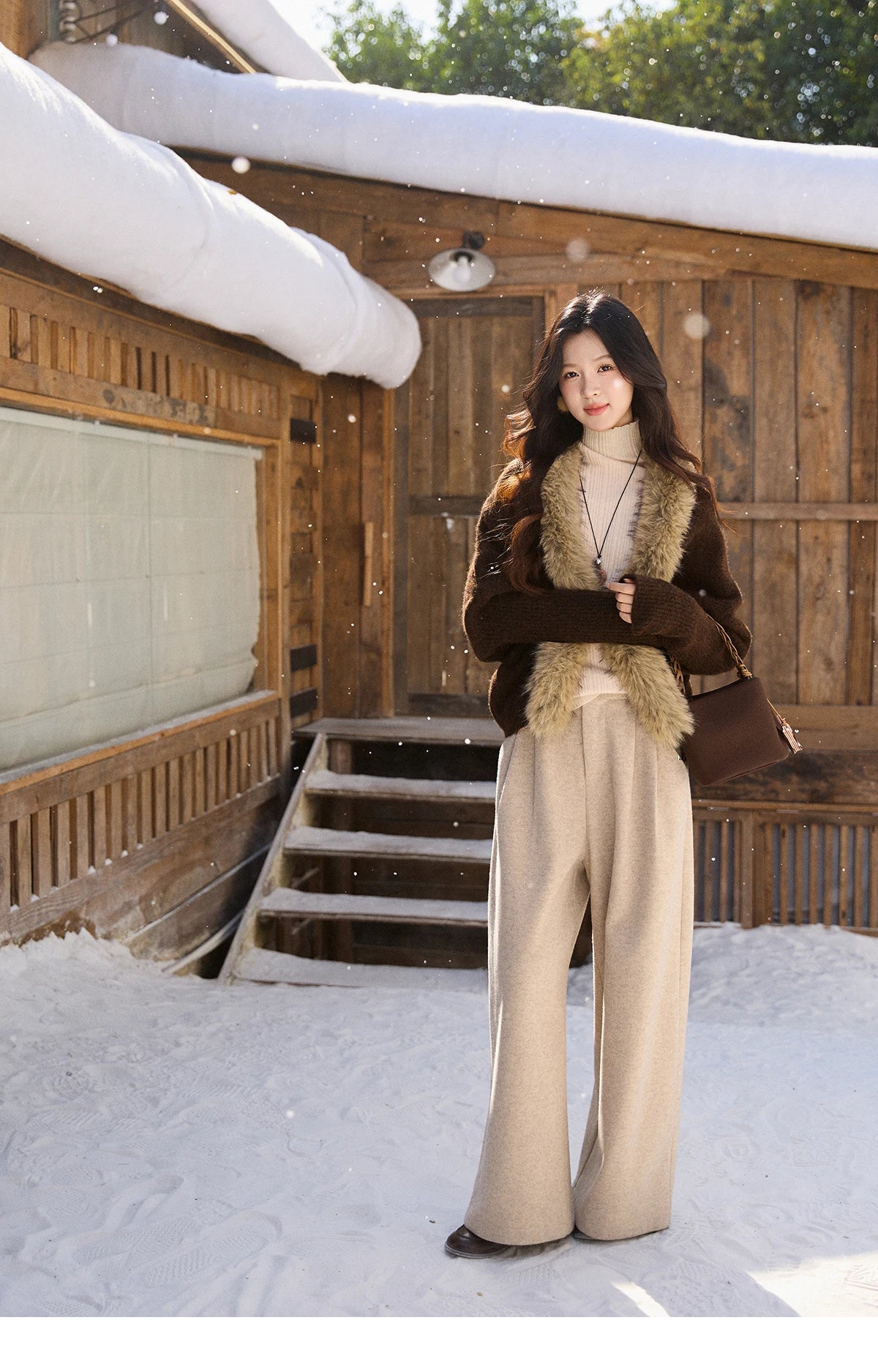 MISHOW Women's Brown Knitted Cardigan 2025 Winter Faux Fur Collar Batwing Sleeve Tops Warm Loose Outerwear Beltless MXE94Z2954