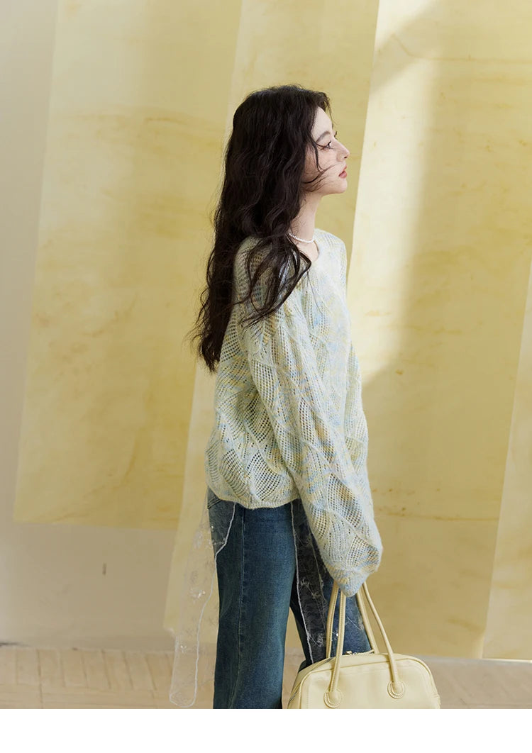 MISHOW Women's Hollow Knitted Sweater 2025 Spring Loose Thin Dropped Shoulder Top Wool O Neck Hem Wavy Edge Sweaters MXE14Z1208