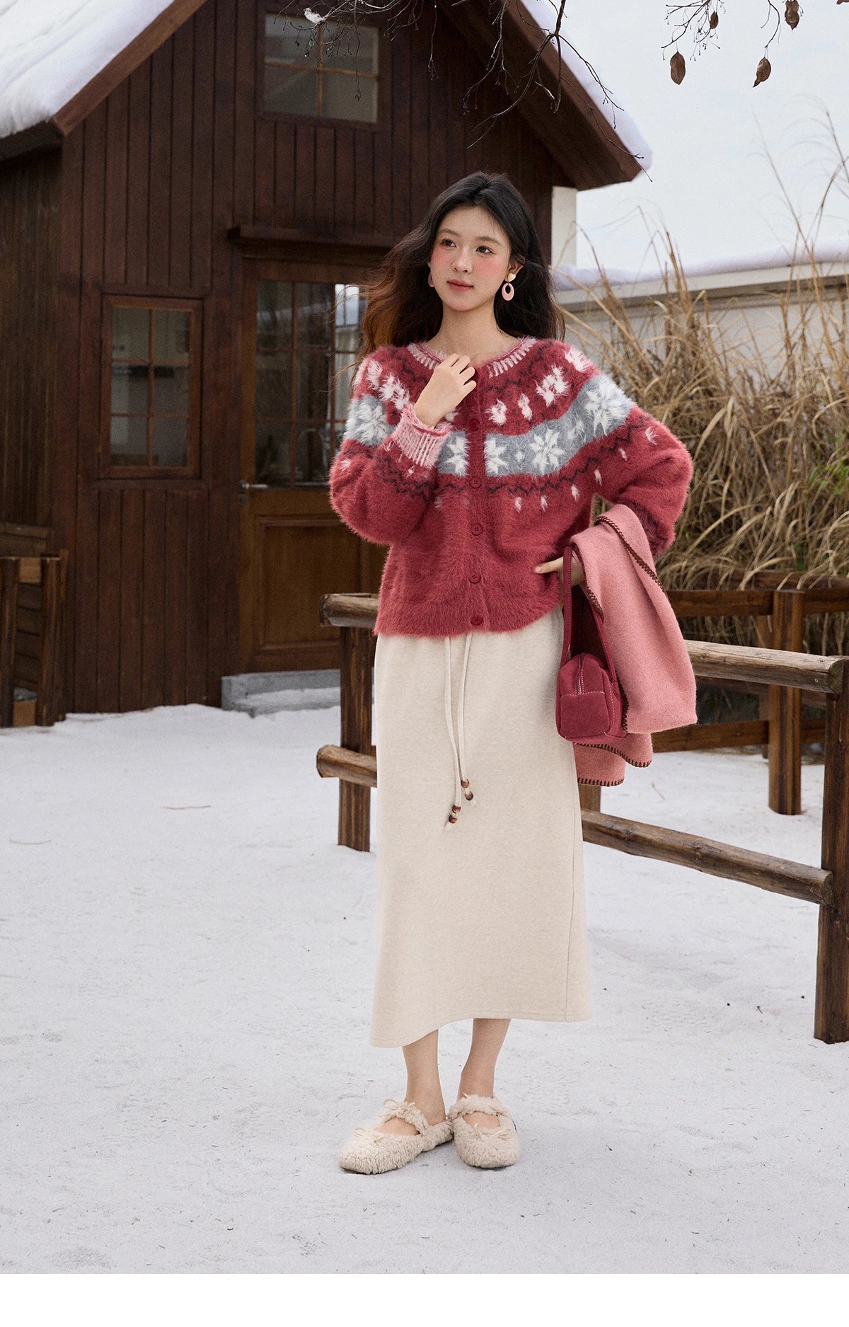 MISHOW Christmas Retro Red Imitation Mink Fur Soft Cardigan 2025 Winter Snowflake Jacquard Sweater Round Neck Tops MXE91Z2801