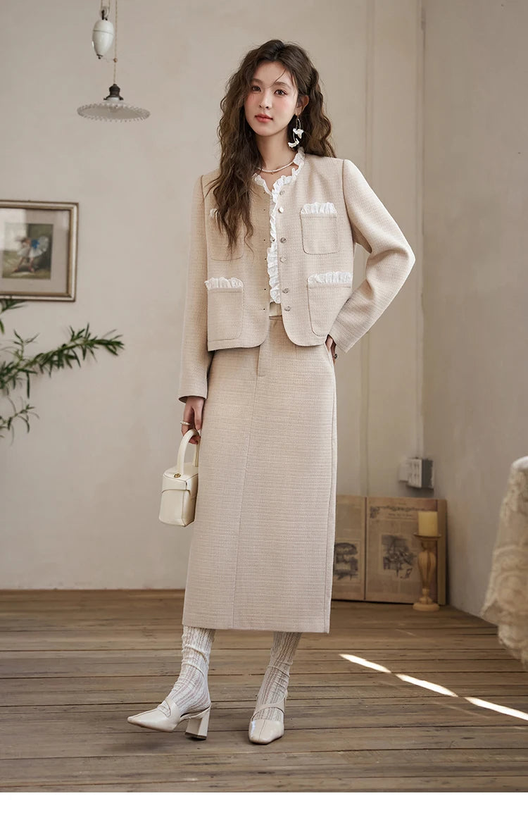 MISHOW French Fragrant Coat Solid Skirt Separately 2025 Spring Collar Pocket Splicing Lace Top Hem Split Back Skirt MXD12W0274