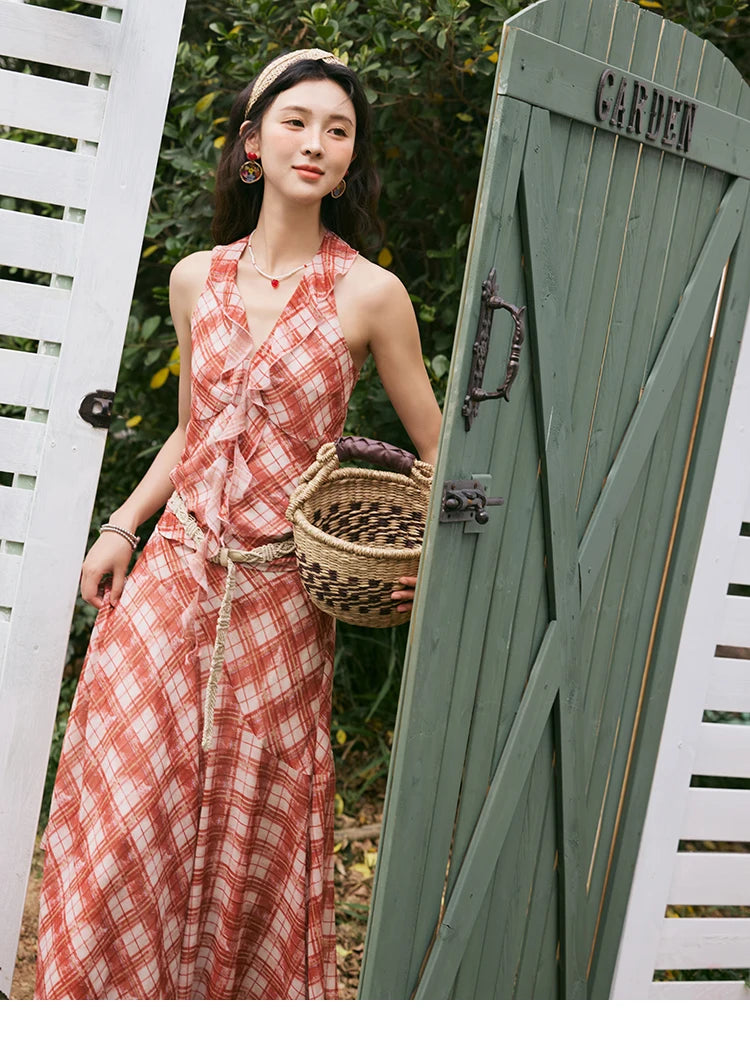 MISHOW French Retro Red Grid Hanging Neck Blouse for Women Summer 2025 Ruffled Edges Backless Blouses Vacation Top MXE34X1785