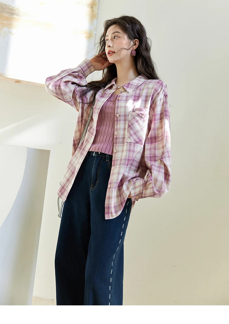 MISHOW Women's 100 Cotton Long-sleeve Purple Plaid Shirt Spring 2025 Loose Pockets Casual Shirts Korean Polo Neck Top MXE14C0417